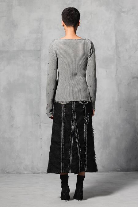 Shop Mellowdrama Black Cotton Denim Front Slit Skirt at Aza Fashions Shop_Mellowdrama_Black Cotton Denim Front Slit Skirt_at_Aza_Fashions