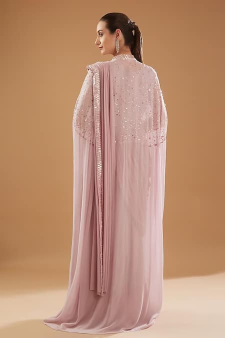 Shop_Baidehi_Purple Georgette Sequins Round Neck, Embellished Draped Saree Gown And Cape _at_Aza_Fashions