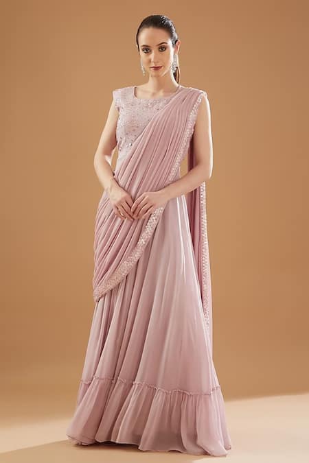 Baidehi_Purple Georgette Sequins Round Neck, Embellished Draped Saree Gown And Cape _Online_at_Aza_Fashions