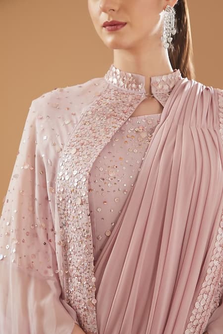 Buy_Baidehi_Purple Georgette Sequins Round Neck, Embellished Draped Saree Gown And Cape _Online_at_Aza_Fashions