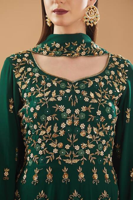 Buy_BAIDEHI_Green Georgette Cut Work, Pearls, Sequins, Floral Peplum Kurta Sharara Set_Online_at_Aza_Fashions