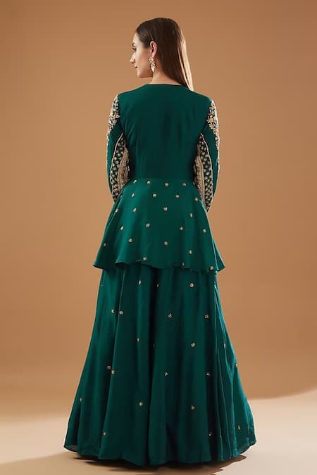Shop_Baidehi_Green Silk, Crepe Embroidery, Cut Work, Zari, Zardozi Short Anarkali Skirt Set _at_Aza_Fashions