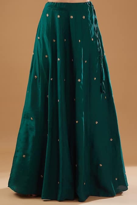 Baidehi_Green Silk, Crepe Embroidery, Cut Work, Zari, Zardozi Short Anarkali Skirt Set _Online_at_Aza_Fashions
