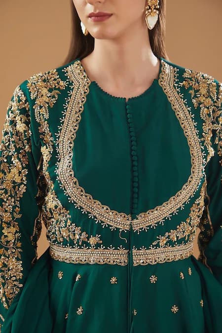 Buy_Baidehi_Green Silk, Crepe Embroidery, Cut Work, Zari, Zardozi Short Anarkali Skirt Set _Online_at_Aza_Fashions