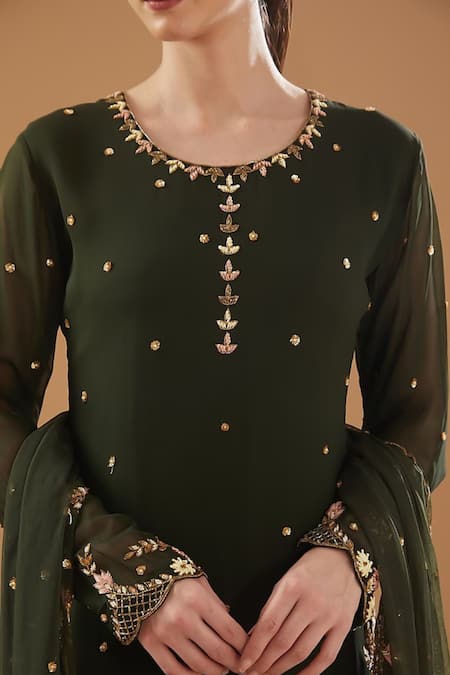 Buy_Baidehi_Green Georgette, Net Cut Work, Pearls, Sequins, Embroidered Kurta Sharara Set _Online_at_Aza_Fashions