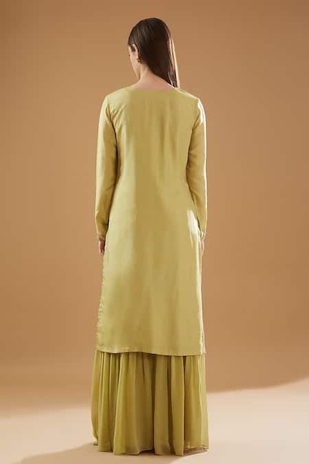 Shop_BAIDEHI_Green Bamboo, Georgette, Organza Gota Patti, Sequins, Kurta Sharara Set _at_Aza_Fashions