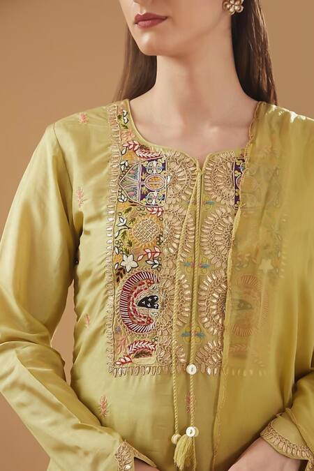 Buy_BAIDEHI_Green Bamboo, Georgette, Organza Gota Patti, Sequins, Kurta Sharara Set _Online_at_Aza_Fashions