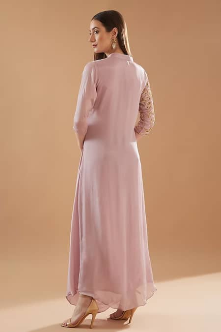 Shop BAIDEHI Purple Georgette Embroidery Mandarin Collar Sequin Placement Draped Dress at Aza Fashions Shop_BAIDEHI_Purple Georgette Embroidery Mandarin Collar Sequin Placement Draped Dress _at_Aza_Fashions