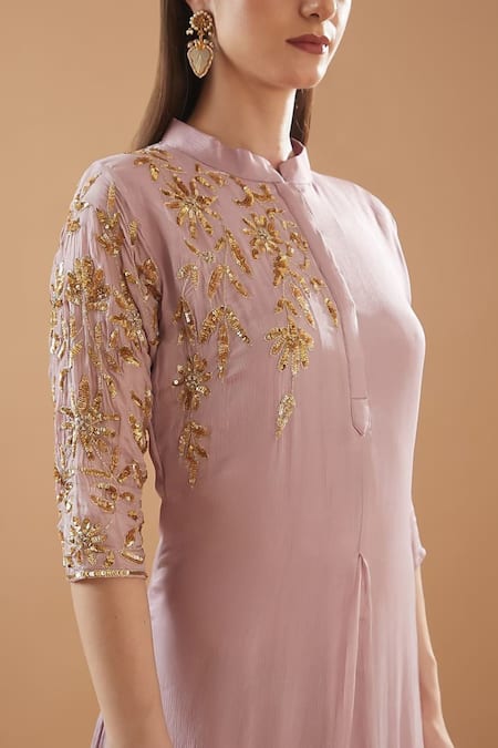 BAIDEHI Purple Georgette Embroidery Mandarin Collar Sequin Placement Draped Dress Online at Aza Fashions BAIDEHI_Purple Georgette Embroidery Mandarin Collar Sequin Placement Draped Dress _Online_at_Aza_Fashions