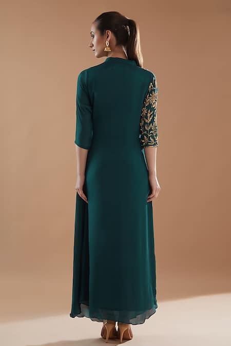 Shop BAIDEHI Green Georgette Sequins Mandarin Collar Work Draped Dress at Aza Fashions Shop_BAIDEHI_Green Georgette Sequins Mandarin Collar Work Draped Dress _at_Aza_Fashions