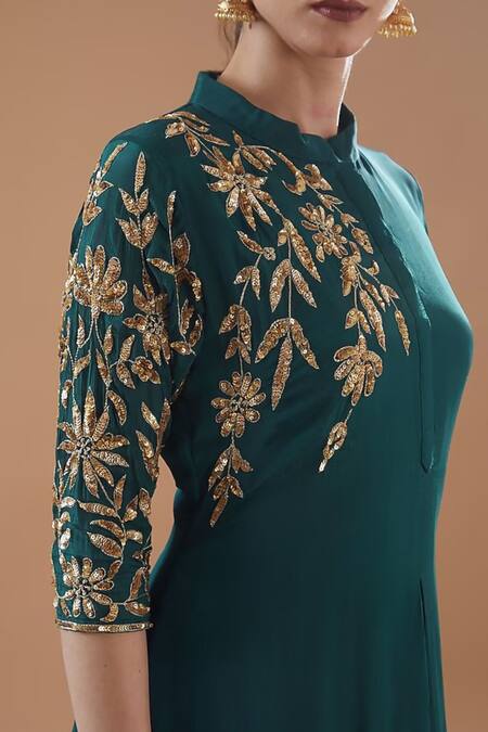 BAIDEHI Green Georgette Sequins Mandarin Collar Work Draped Dress Online at Aza Fashions BAIDEHI_Green Georgette Sequins Mandarin Collar Work Draped Dress _Online_at_Aza_Fashions