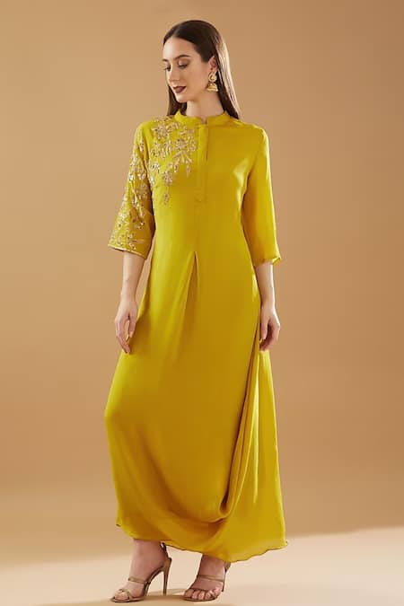 Baidehi Yellow Georgette Sequins Mandarin Floral Placement Embroidered Draped Dress