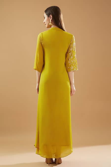 Shop BAIDEHI Yellow Georgette Sequins Mandarin Floral Placement Embroidered Draped Dress at Aza Fashions Shop_BAIDEHI_Yellow Georgette Sequins Mandarin Floral Placement Embroidered Draped Dress _at_Aza_Fashions