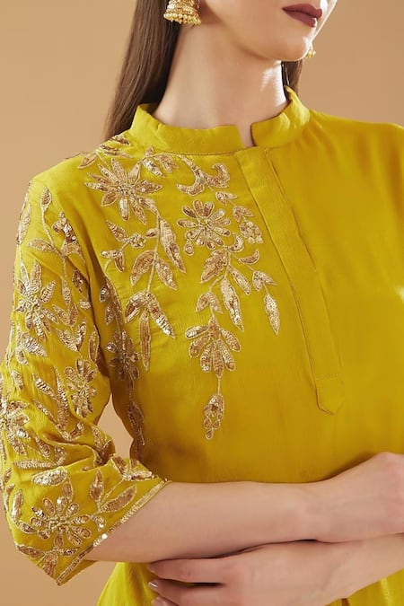 BAIDEHI Yellow Georgette Sequins Mandarin Floral Placement Embroidered Draped Dress Online at Aza Fashions BAIDEHI_Yellow Georgette Sequins Mandarin Floral Placement Embroidered Draped Dress _Online_at_Aza_Fashions