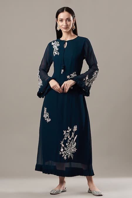 BAIDEHI Blue Georgette Embroidery Keyhole Neck Floral Bootas Dress 