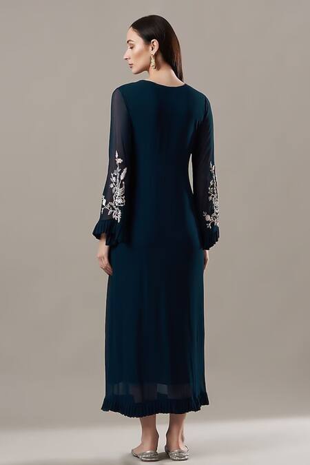 Shop BAIDEHI Blue Georgette Embroidery Keyhole Neck Floral Bootas Dress at Aza Fashions Shop_BAIDEHI_Blue Georgette Embroidery Keyhole Neck Floral Bootas Dress _at_Aza_Fashions