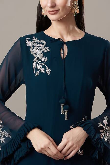 BAIDEHI Blue Georgette Embroidery Keyhole Neck Floral Bootas Dress Online at Aza Fashions BAIDEHI_Blue Georgette Embroidery Keyhole Neck Floral Bootas Dress _Online_at_Aza_Fashions