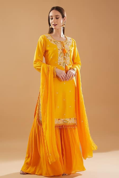BAIDEHI Orange Georgette, Organza Pearls, Sequins, Embroidery Paisley Kurta Sharara Set 