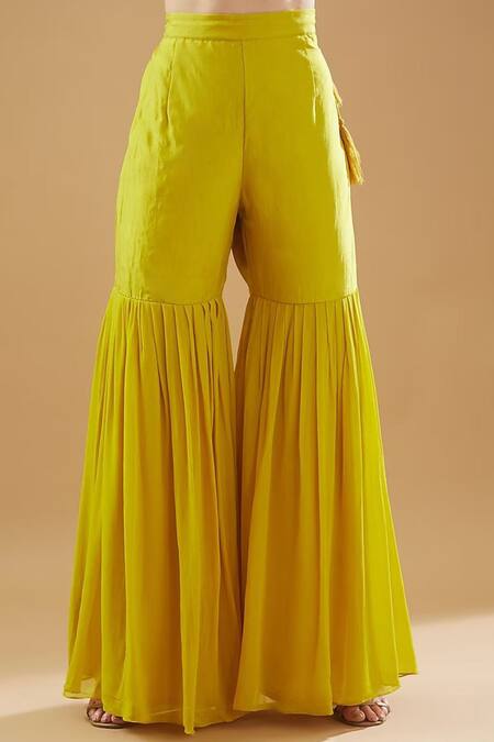 BAIDEHI_Yellow Bamboo, Georgette, Organza Embroidery, Marodi Kurta And Sharara Set _Online_at_Aza_Fashions