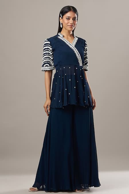 BAIDEHI Blue Georgette, Silk Pearls, Resham Embroidered Short Angrakha And Palazzo Set 