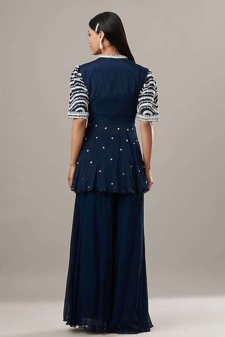 Shop_BAIDEHI_Blue Georgette, Silk Pearls, Resham Embroidered Short Angrakha And Palazzo Set _at_Aza_Fashions