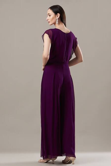 Shop_BAIDEHI_Purple Georgette Pearls, Sequins Round Floral Waistband Embroidered Jumpsuit _at_Aza_Fashions