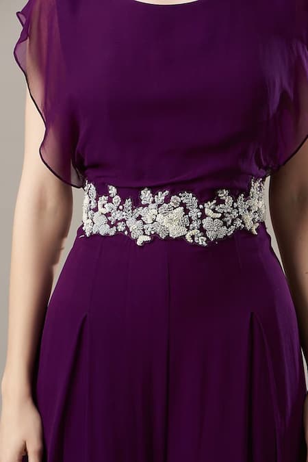BAIDEHI_Purple Georgette Pearls, Sequins Round Floral Waistband Embroidered Jumpsuit _Online_at_Aza_Fashions