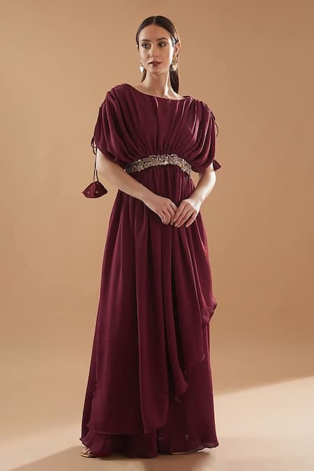 Baidehi Maroon Georgette Embroidery Boat Neck Waistband Dress And Palazzo Set