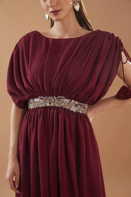 Buy_BAIDEHI_Maroon Georgette Embroidery Boat Neck Waistband Dress And Palazzo Set_Online_at_Aza_Fashions