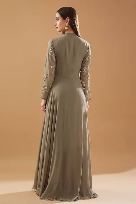 Shop BAIDEHI Grey Georgette Cut Work, Diamonds Cutdana Embroidered Draped Kurta And Palazzo Set at Aza Fashions Shop_BAIDEHI_Grey Georgette Cut Work, Diamonds Cutdana Embroidered Draped Kurta And Palazzo Set _at_Aza_Fashions