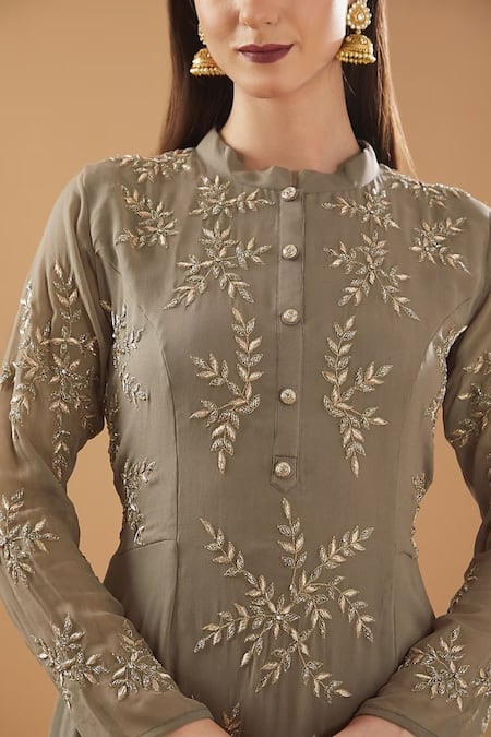 Buy BAIDEHI Grey Georgette Cut Work, Diamonds Cutdana Embroidered Draped Kurta And Palazzo Set Online at Aza Fashions Buy_BAIDEHI_Grey Georgette Cut Work, Diamonds Cutdana Embroidered Draped Kurta And Palazzo Set _Online_at_Aza_Fashions