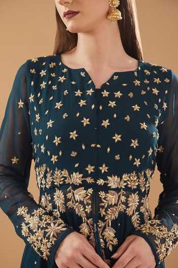 BAIDEHI_Blue Georgette Cut Work, Sequins, Zari Split Embroidered Anarkali And Palazzo Set _Online_at_Aza_Fashions
