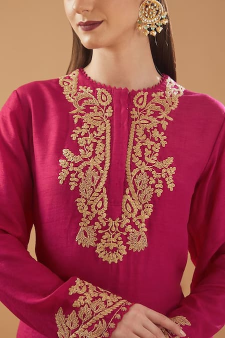 Baidehi Fuchsia Silk, Organza Embroidery, Sequins, Zari Round Floral Kurta Palazzo Set Online at Aza Fashions Baidehi_Fuchsia Silk, Organza Embroidery, Sequins, Zari Round Floral Kurta Palazzo Set _Online_at_Aza_Fashions