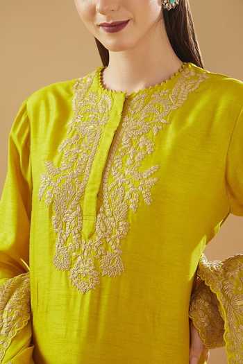 BAIDEHI_Yellow Silk, Organza Embroidery, Sequins Round Floral Zari Kurta Palazzo Set _Online_at_Aza_Fashions