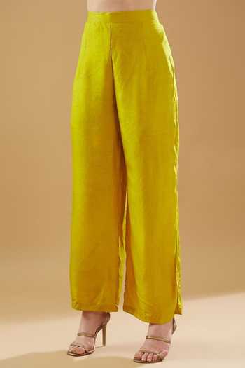 Buy_BAIDEHI_Yellow Silk, Organza Embroidery, Sequins Round Floral Zari Kurta Palazzo Set _Online_at_Aza_Fashions