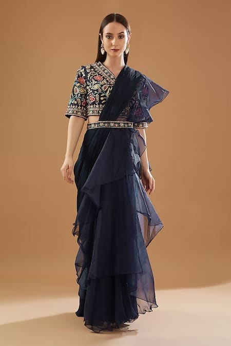 BAIDEHI Plain Pre-Draped Ruffle Saree With Embroidered Blouse 