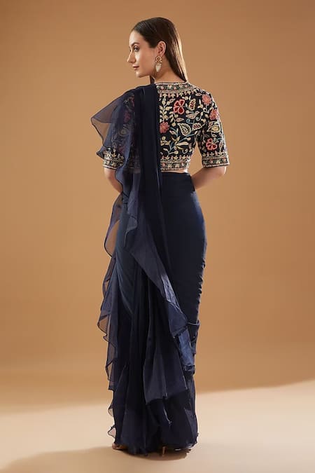 Shop Baidehi Blue Organza Sequins, Embroidery Plain Pre-draped Ruffle Saree With Blouse at Aza Fashions Shop_Baidehi_Blue Organza Sequins, Embroidery Plain Pre-draped Ruffle Saree With Blouse _at_Aza_Fashions