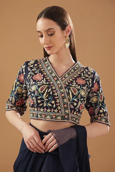 Baidehi Blue Organza Sequins, Embroidery Plain Pre-draped Ruffle Saree With Blouse Online at Aza Fashions Baidehi_Blue Organza Sequins, Embroidery Plain Pre-draped Ruffle Saree With Blouse _Online_at_Aza_Fashions