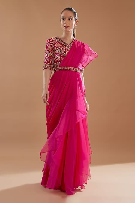 BAIDEHI Pre-Draped Ruffle Saree With Floral Embroidered Blouse 