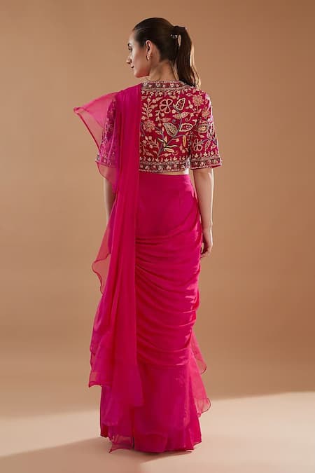 Baidehi Pre-Draped Ruffle Saree With Floral Embroidered Blouse 