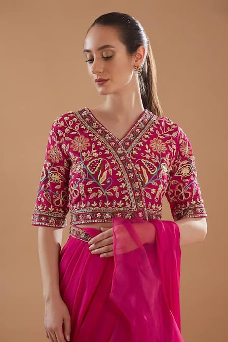 Baidehi Fuchsia Organza Embroidery, Sequins Pre-draped Ruffle Saree With Floral Blouse Online at Aza Fashions Baidehi_Fuchsia Organza Embroidery, Sequins Pre-draped Ruffle Saree With Floral Blouse _Online_at_Aza_Fashions
