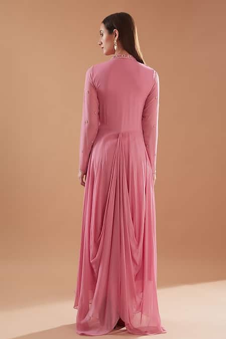 Shop BAIDEHI Pink Georgette Embroidery, Zari Mandarin Collar Zardozi Draped Anarkali at Aza Fashions Shop_BAIDEHI_Pink Georgette Embroidery, Zari Mandarin Collar Zardozi Draped Anarkali _at_Aza_Fashions