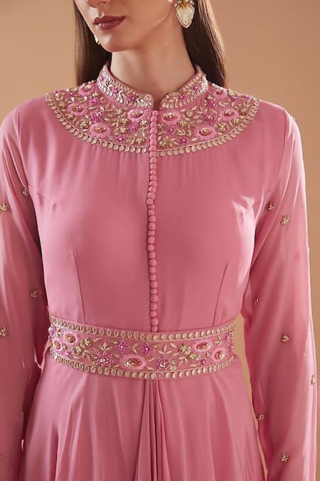 BAIDEHI Pink Georgette Embroidery, Zari Mandarin Collar Zardozi Draped Anarkali Online at Aza Fashions BAIDEHI_Pink Georgette Embroidery, Zari Mandarin Collar Zardozi Draped Anarkali _Online_at_Aza_Fashions