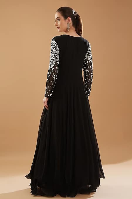Shop_Baidehi_Black Georgette Cut Work, Pearls, Embroidered Layered Anarkali With Dupatta _at_Aza_Fashions
