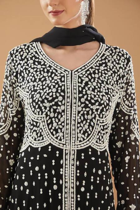 Baidehi_Black Georgette Cut Work, Pearls, Embroidered Layered Anarkali With Dupatta _Online_at_Aza_Fashions