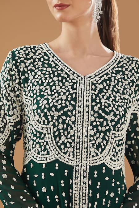 Baidehi_Green Georgette Embroidery, Pearls V-neck Layered Gown _Online_at_Aza_Fashions