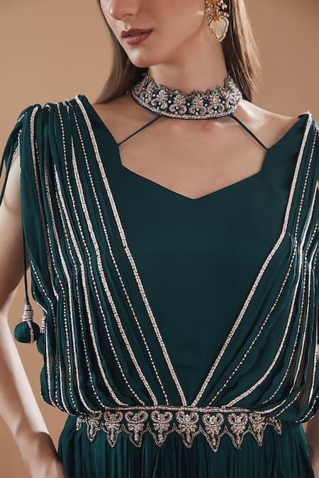 BAIDEHI_Green Georgette Pearls, Cut Work Choker Neck Embroidered Draped Gown _Online_at_Aza_Fashions