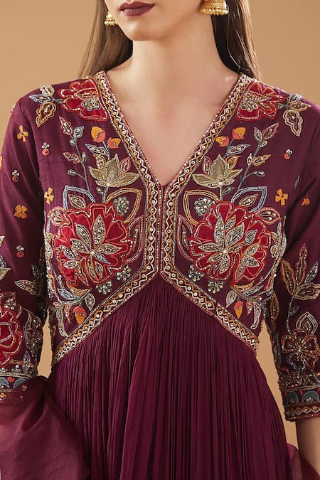 Baidehi_Wine Silk, Georgette, Organza Cut Work, Sequins, Hand Anarkali With Dupatta _Online_at_Aza_Fashions