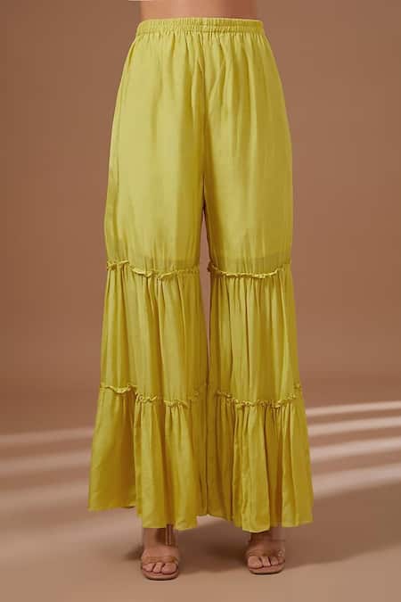 Baidehi_Green Bamboo, Georgette, Organza Embroidery, Gota Patti, Hand Kurta Sharara Set _Online_at_Aza_Fashions