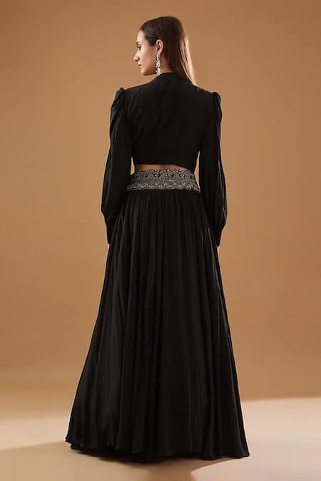 Shop BAIDEHI Black Crepe Embroidery, Cut Work Solid Crop Top And Skirt Set at Aza Fashions Shop_BAIDEHI_Black Crepe Embroidery, Cut Work Solid Crop Top And Skirt Set _at_Aza_Fashions
